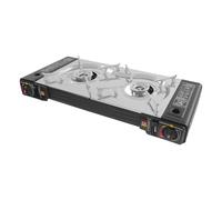 Hornillo de gas para camping de 2 quemadores, parrilla de gas portátil, potencia 2,1 - 2,5 kW, barbacoa de gas para camping con molde y bolsa de transporte, hornillo de gas para exteriores, 4,09 kg