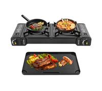 Hornillo de gas portátil con placa de parrilla, Hornillo de Gas 2 Quemadores, Estufa Butano Camping con Placa Grill, Encendido Piezoeléctrico, Estufa de Butano Para Camping, Trekking, Picnic, RV