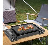 Hornillo de Gas Portátil de 2 Quemadores para Botella, Camping, Barbacoa y Exteriores - Estufa de Aluminio con Placa para Mesa