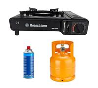 Hornillo de gas portátil para camping con doble casquillo cartuchos de butano o bombona GLP, negro, maletín y cocina exterior ajustable, 34 x 28,5 x 8,4 cm