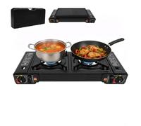 Hornillo portátil de camping de 2 fuegos con bandeja para hornear + bolsa de transporte, 2 hornillos de gas de 2500 W, 2 quemadores dobles, patas antideslizantes, válvula de seguridad para jardín