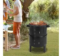 Horno de ahumar desmontable 3 en 1, parrilla multifuncional de carbón vegetal de doble capa, barril de humo, con termómetro y salida de aire regulable en la tapa, color negro