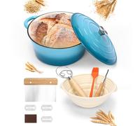 Horno de pan de hierro fundido esmaltado de 6 cuartos de galón con tapa, horno holandés para hornear pan, incluye suministros para hornear pan de masa madre como cesta a prueba de pan, batidor de masa