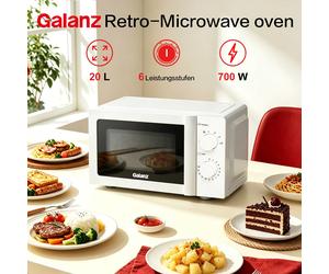 Horno microondas compacto Galanz Willz 20L 700W V7 Blanco, 6 niveles de potencia, función de descongelación, botones mecánicos, interior fácil de limpiar. Negro