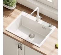 HOROW Fregadero de cocina compuesto de granito, tazón individual blanco de 60x45 cm, resistente a arañazos y manchas, superficie autorreparable, sellado con presión sin tapón adicional, con accesorios