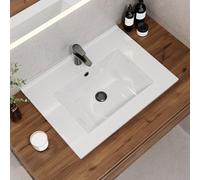 HOROW Lavabo empotrable rectangular, de cerámica, 60 cm de ancho, color blanco, para armario bajo, con rebosadero, ideal para invitados y baños pequeños