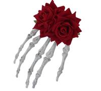 Horquilla de mano para el pelo de esqueleto de Halloween con detalle de encaje rosa, pinza ajustable para diferentes tipos de cabello, pasador de calavera de moda