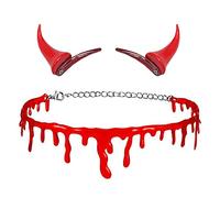 Horquillas para el pelo de diablo de Halloween, gargantilla de sangre goteando, collar de clavícula, diablo rojo, cuerno, orejas de buey, pasadores para mujer, cadena de clavícula sangrienta, tocado