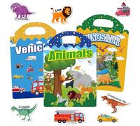 HORREX 3 Piezas Pegatinas Infantiles, Libros de Calcomanías Reutilizables Apto Libros Niños 2 Años, Dinosaurio + Animal + Vehículos Tema, Sticker Book Juguete Educativo de Aprendizaje