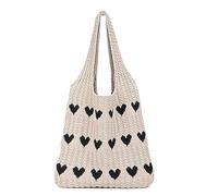 HORREX Bolso Trenzado Bolso Mujer Bolso Bandolera Bolsos Tejidos Crochet Mujer Bolsa Playa Bolso de Crochet Beige con Cintas Rosas Bolso Shopper Bolsos Tejidos Crochet Bolso Trenzado (Caqui)