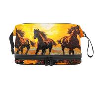 Horse on The Sea Sunrise - Neceser de doble capa para mujeres y niñas, neceser de viaje para maquillaje, organizador práctico con compartimento para cepillos, multicolor, 27x15x14 cm/10.6x5.9x5.5 in,