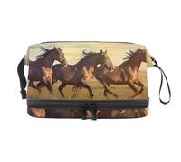 Horse Runs in The Grassland - Bolsa de cosméticos de doble capa para mujeres y niñas, neceser de viaje para maquillaje, práctica bolsa organizadora con compartimento para cepillos, multicolor,