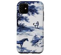 Horse Toile de Jouy Pattern Equestrian Blue Floral Carcasa para iPhone 11