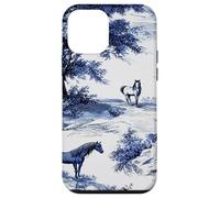 Horse Toile de Jouy Pattern Equestrian Blue Floral Carcasa para iPhone 12 Mini