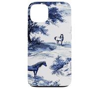 Horse Toile de Jouy Pattern Equestrian Blue Floral Carcasa para iPhone 13