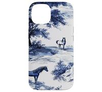 Horse Toile de Jouy Pattern Equestrian Blue Floral Carcasa para iPhone 14