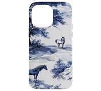 Horse Toile de Jouy Pattern Equestrian Blue Floral Carcasa para iPhone 14 Pro MAX