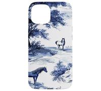 Horse Toile de Jouy Pattern Equestrian Blue Floral Carcasa para iPhone 15