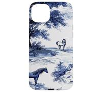 Horse Toile de Jouy Pattern Equestrian Blue Floral Carcasa para iPhone 15 Plus