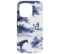 Horse Toile de Jouy Pattern Equestrian Blue Floral Carcasa para iPhone 15 Pro