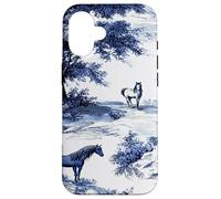 Horse Toile de Jouy Pattern Equestrian Blue Floral Carcasa para iPhone 16