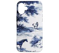 Horse Toile de Jouy Pattern Equestrian Blue Floral Carcasa para iPhone 16 Plus