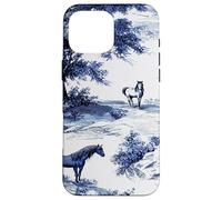 Horse Toile de Jouy Pattern Equestrian Blue Floral Carcasa para iPhone 16 Pro MAX