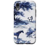 Horse Toile de Jouy Pattern Equestrian Blue Floral Carcasa para iPhone XR