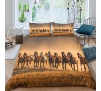 Horses Are Running on The Grassland in Golden Light Funda De Edredón 3D, Juegos De Ropa De Cama Microfibra, Impresas De con Funda De Almohada 3 Piezas Niño Niña Double（200x200cm）