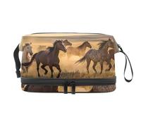 Horses Galloping on The Prairie - Bolsa de cosméticos de doble capa para mujeres y niñas, neceser de viaje para maquillaje, práctica bolsa organizadora con compartimento para cepillos, multicolor,