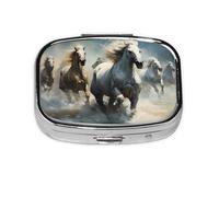 Horses Running Wild in The River - Caja de almacenamiento de píldoras cuadrada de viaje, mini pastillero portátil (pastillero de 2 compartimentos), caja de almacenamiento de medicamentos y vitaminas