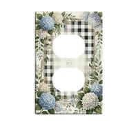 Hortensias dúplex para baño, placa de pared, diseño rústico de hojas a cuadros, color azul primavera, plástico, tamaño estándar, doble toma de corriente, para decoración del hogar, sala de estar