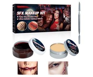 Horuili® Halloween Special Effects Makeup Set, Cera para Cicatrices+Sangre Fals Doble Raspador, Kit de Maquillaje para Efectos Especiales de Halloween para Cicatrices de Vampiro Zombie Heridas