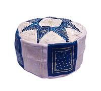 Horus Artesanía de Egipto Puf Pouf vacío fassi de Cuero autentico Hecho a Mano en Fez Marruecos, Mide Altura 23 cm y diámetro 47 cm Aproximadamente (Azul Beige)