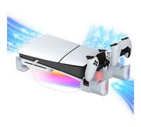 Hosanwell Soporte Horizontal PS5 Slim para Edición Disco y Digital, Estación de Carga Dual para Mandos con Iluminación RGB y Ventilador de Refrigeración 3 Velocidades