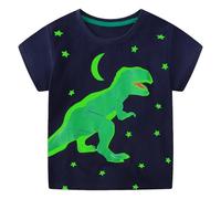 Hoseay Camiseta Niños, Suaves Algodón T-Shirt Brillo en la Oscuridad, Cuello Redondo Top Manga Corta, Lindo Transpirable Ropa Patrón de Dinosaurio Casual Escuela para Infantil 6-7 Años, Azul
