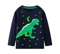 Hoseay Camiseta para Niñas Algodón Manga Larga T-Shirt Luminoso Dinosaurio Estampado Cuello Redondo Casual Cómoda Básica tee Shirts Escuela Deportes Infantil Ropa para 4-5 años, Azul Marino