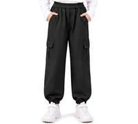 Hoseay Pantalón Cargo Niñas, Pantalón de Jogging Algodón Suaves con Múltiples Bolsillos y Cintura Elástica, Transpirable Pantalones Casual Escuela Streetwear para Niños 12-13 Años, Negro