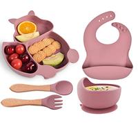 Hoseay Vajilla Bebe Silicona 5 Piezas Vajilla Infantil Antideslizante Plato Bebe Ventosa Cuenco Cuchara Tenedor Babero Vajilla Bebe Sin BPA Niña Aprendizaje Set Apto para Lavavajillas, Rosa Ardilla