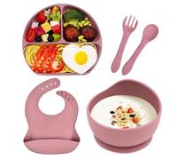 Hoseay Vajilla Bebe Silicona 5 Piezas Vajilla Infantil con Ventosa Plato Cuenco Cuchara Tenedor Babero Antideslizante Vajilla Bebe Set Aprendizaje Niña Sin BPA para Microondas Lavavajillas, Rosa