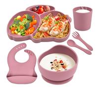 Hoseay Vajilla Bebe Silicona 6 Piezas Vajilla Infantil Antideslizante Animales Incluye Plato y Cuenco con Ventosa Cuchara Tenedor Tazas y Babero Vajilla Bebe Sin BPA Set Aprendizaje Niña, Rosa Conejo