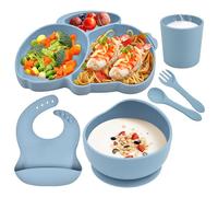 Hoseay Vajilla Bebe Silicona 6 Piezas Vajilla Infantil Antideslizante Animales Incluye Plato y Cuenco con Ventosa Cuchara Tenedor Tazas y Babero Vajilla Bebe Sin BPA Set Aprendizaje Niño, Azul Conejo