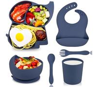 Hoseay Vajilla Bebe Silicona 6 Piezas Vajilla Infantil Antideslizante Incluye Plato y Cuenco con Ventosa Cuchara Tenedor Tazas y Babero Vajilla Bebe Sin BPA Set Aprendizaje Niño, Azul Elefante