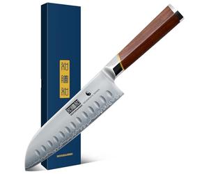 HOSHANHO Cuchillo Santoku profesional japonés de acero al carbono de 7 pulgadas, cuchillo de cocina afilado con mango ergonómico de sándalo rojo, caja de regalo