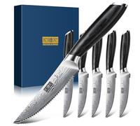 HOSHANHO Juego de Cuchillos de Carne 6 Piezas, Juego de Cuchillos de Mesa Serrados Japoneses de 11.5 cm, Cuchillos de Bistec Ultra Afilados de Acero de Alto Carbono en Polvo con Mangos de Pakkawood