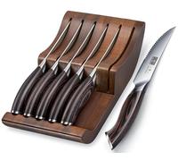 HOSHANHO Juego de Cuchillos de Carne 7 Piezas, Juego de Cuchillos de Mesa Serrados para Carne de 11,5 cm con Bloque de Cuchillos, Cuchillos de Bistec Japoneses de Acero de alto Carbono con Mango Ergon