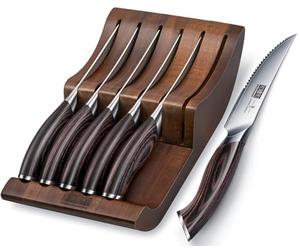 HOSHANHO Juego de Cuchillos de Carne 7 Piezas, Juego de Cuchillos de Mesa Serrados para Carne de 11,5 cm con Bloque de Cuchillos, Cuchillos de Bistec Japoneses de Acero de alto Carbono con Mango Ergon
