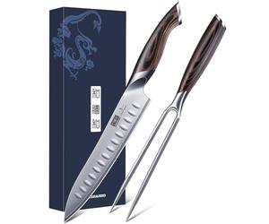 HOSHANHO Juego de Trinchar de 20 cm y Tenedor Para Carne 18 cm, Japonés Juego de Cuchillo de Barbacoa Profesional Para Cortar Carne en Acero al Aarbono Con Filo de Navaja Para Cortar Pechuga, Barbacoa