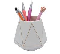 Hoshen PortaláPices De CeráMica Con Poliedro GeoméTrico, LíNea De Rayas Doradas, Portaescobillas CosméTico Para Escritorio, PortaláPices De CeráMica Adecuado Para El Hogar Y La Oficina, Blanco Mate