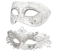 Hoshin Máscara de baile de máscaras para pareja, máscaras venecianas de Mardi Gras para mujer (blanco con línea plateada)